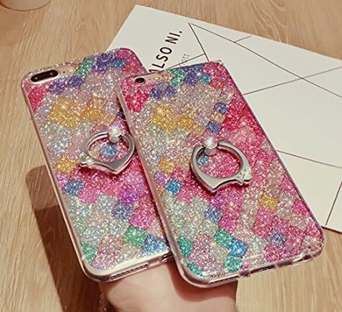 Punassi Bling Glitter Sparkle Powder Case Ultra Slim Flexible Frame Soft TPU Bumper Rubber Protective Case with 360 Kickstand Anti-Drop Metal Ring and Crystal Hanging Chain (Iphone 7 Plus)