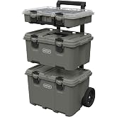 Keter Stack-N-Roll Outdoor Gear Organizer, 3-Piece Rolling Storage System | For Camping, Fishing Tackle, Hunting Equipment &amp; RV Accessories, Modular Water Resistant Tool Box with Wheels