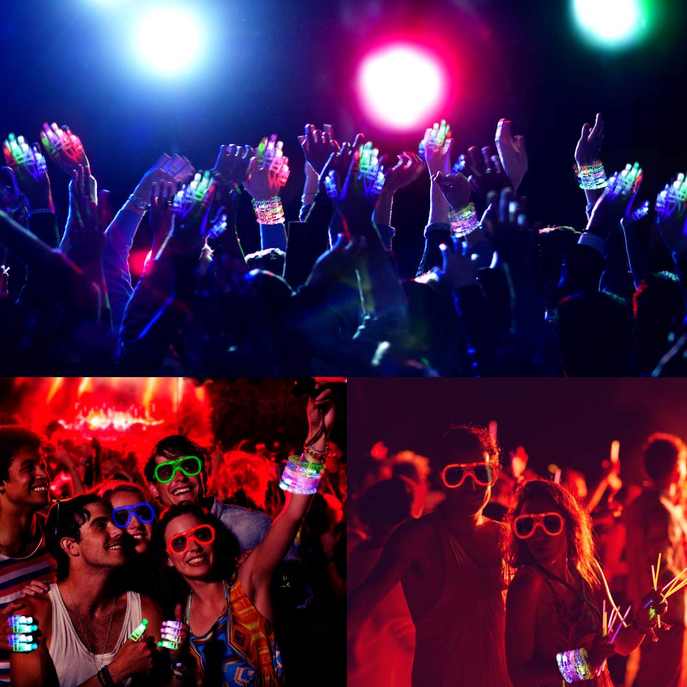 LED Party Favors,BASEIN 50PCS LED Light Up Toys Glow in the Dark Party Supplies for Kids Adults Teens with 40 LED Finger Lights,6 Bracelets and 4 Flashing Slotted Shades Glasses