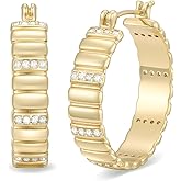 14K Gold Hoops Earrings 14 Karat Gold Hoop Earrings Chunky Hoop Earrings Stripes Lines Design Earring Statement Earring for Women Trendy 23MM