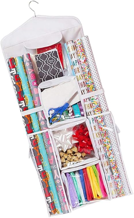Amazon Co Jp Yarnow 複数のポケットが付いている両面包装紙収納オーガナイザーをぶら下げてあなたのギフト包装ギフトバッグを整理します弓 リボン収納バッグ 文房具 オフィス用品