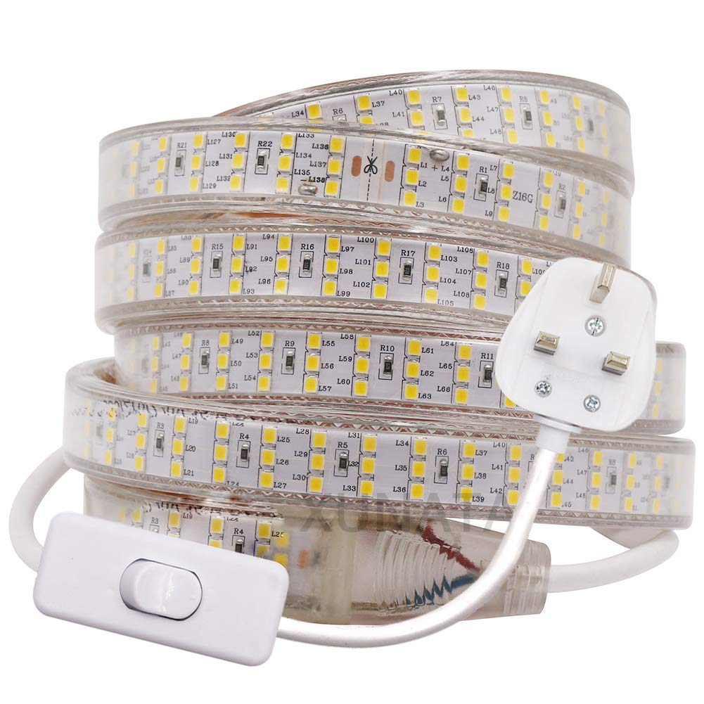 GQL 5m LED Strip with Switch, 2835 SMD 276 LEDs/m Rope Light Mains Powered, IP65 Waterproof for Indoor Outdoor Decoration Warm White Ribbon Super Bright