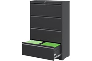 FLIXELIO 4 Drawer Metal Office Storage Filing Cabinet with Lock, Black Lateral File Cabinet for Home Office, Horizontal Locking for Legal/Letter/A4, Assembly Required