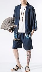 Ambcol Men's Japanese Style Kimono Tops Shorts Sets