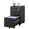 MIIIKO File Cabinet 3 Drawers on Wheels Under Desk, Black Metal Rolling File Cabinets with Lock for Home Office, Un-Assembled Filing Cabinet with Lock