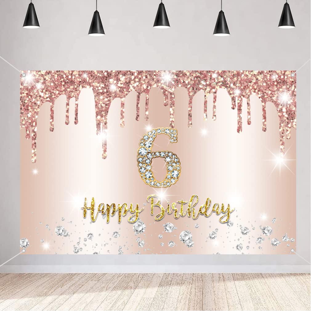 Happy 6th Birthday Decorations for Girls, 6 Years Old Fabric Sign Poster Rosegold Photography Background 6th Birthday Backdrop Banner Party Supplies, 150x90cm