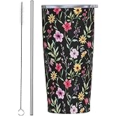 JASROTAO Beautiful Colorful Flowers Tumbler, Black Floral 20oz Stainless Steel Insulated Travel Tumblers,Travel Coffee Mug with Lid and Straw Cups Gifts for Women Men