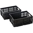PAG-Mass Heavy Duty Plastic Milk Crates for Storage, 4-Pack Stackable Storage Bins for Organizing, Collapsible Storage Basket with Handle for Groceries, Suitable for Home Office School Store, Black
