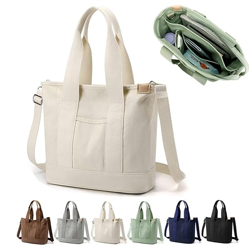 YILCER Multi-Pocket Tote Bag with Zipper, Canvas Japanese Handmade Handbag with Compartments, Multifunction Crossbody Shouder Bag Changing Bag for Women Teen Girls School Work Travel