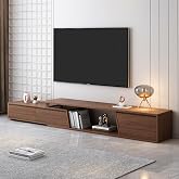 homary Extendable TV Stand, Walnut Media Console | tv stands for living room, extendable design, 3 Drawers, modern mid century style