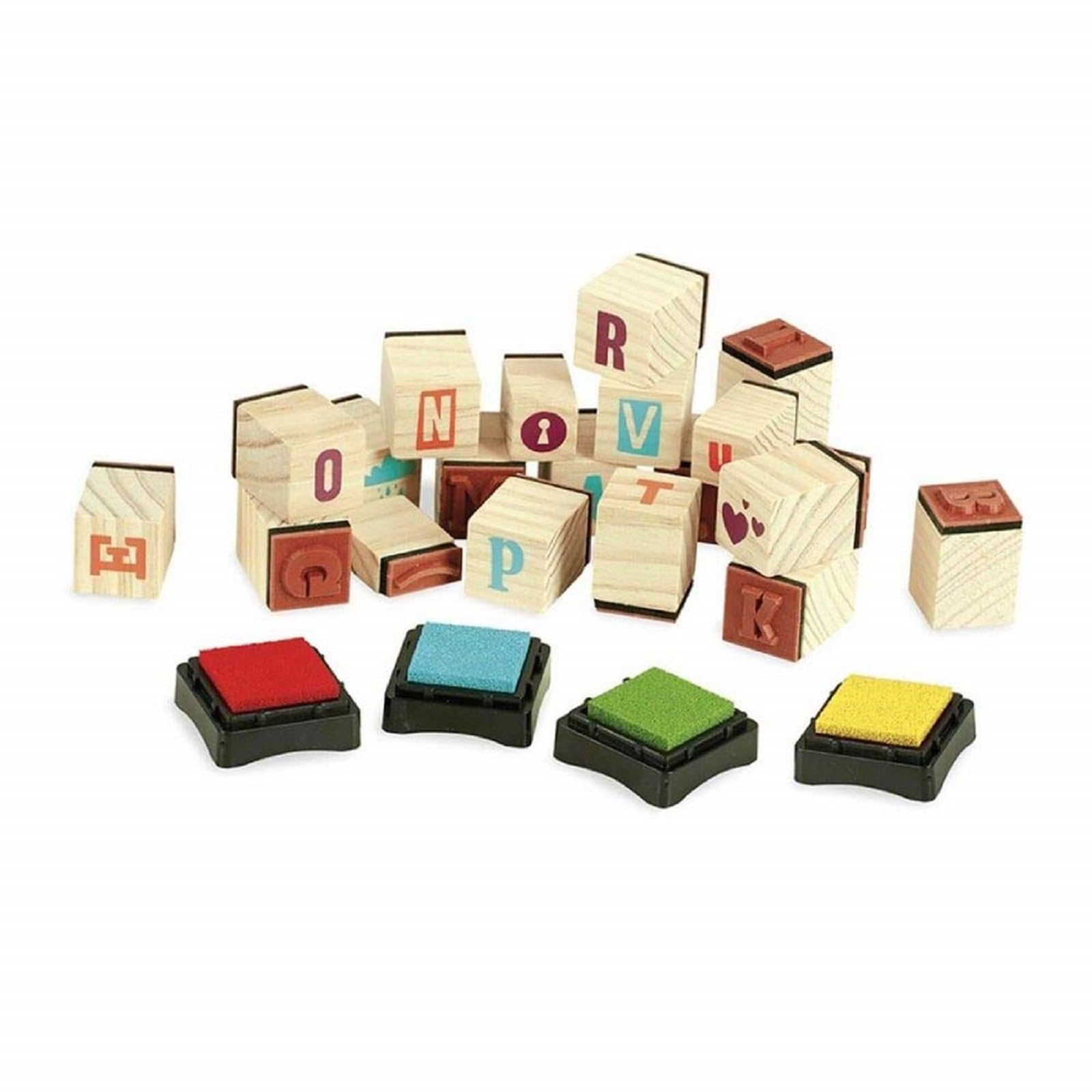 Vilac Alphabet ABC Wooden Printing Ink Stamps, Includes Punctuation and Decorative Elements, 76 Pieces and 4 Ink Pads, Creative Stamp Sets for Kids, 4 Years+