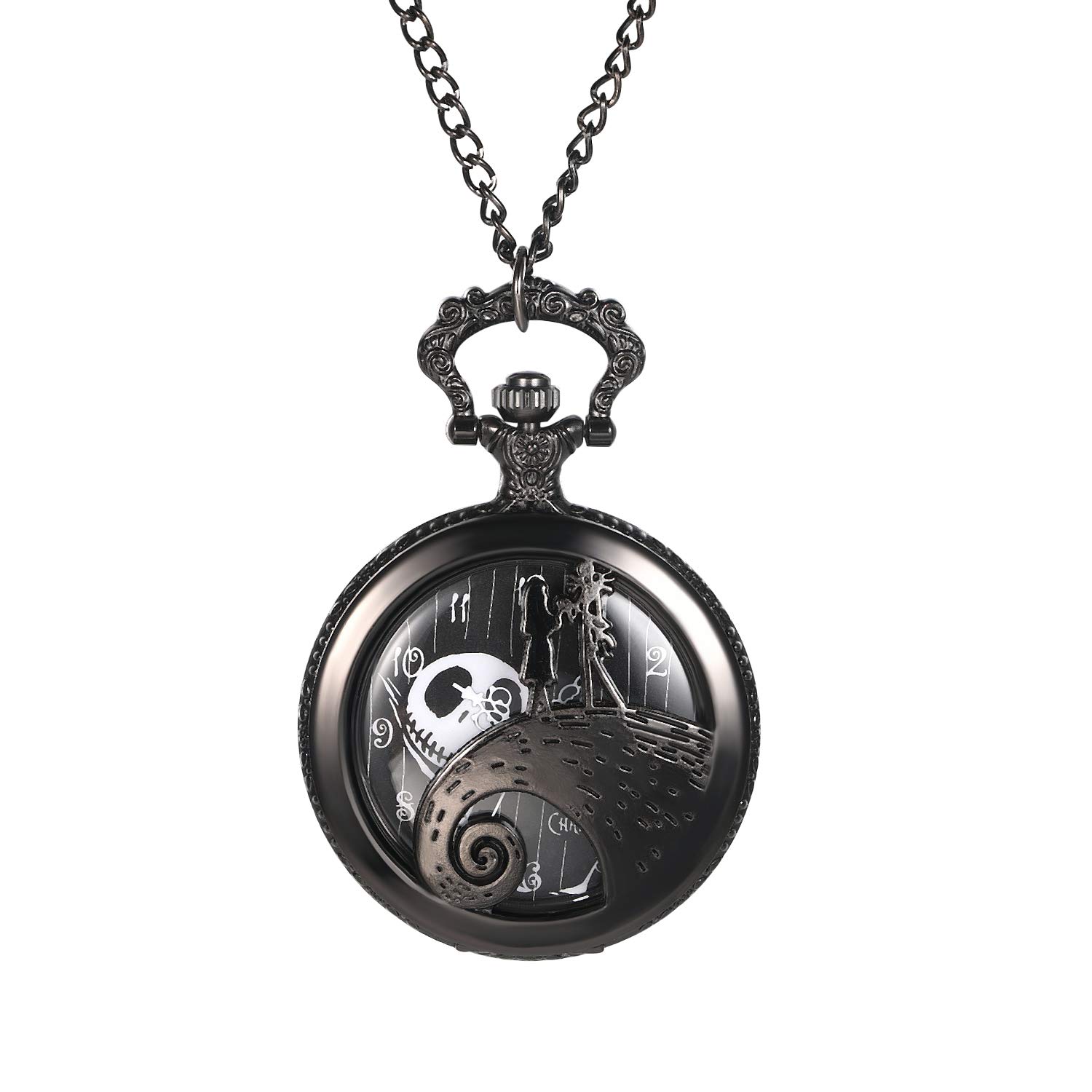 JewelryWe Couple Pocket Watch Cute Ghost Couple Numbers Alloy Pocket Watch for Men Women, Black, Traditional