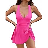 VIMPUNEC One Piece Swim Dress for Women Tummy Control Bathing Suit Mesh Tie Knot Skirt Swim Suits