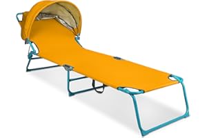 Northroad Outdoor Lounge Chair, Tanning Chair with Sunshade Roof, Adjustable Backrest Folding Chaise Lounge, Reclining Beach Bed for Beach, Camping, Hiking -Yellow