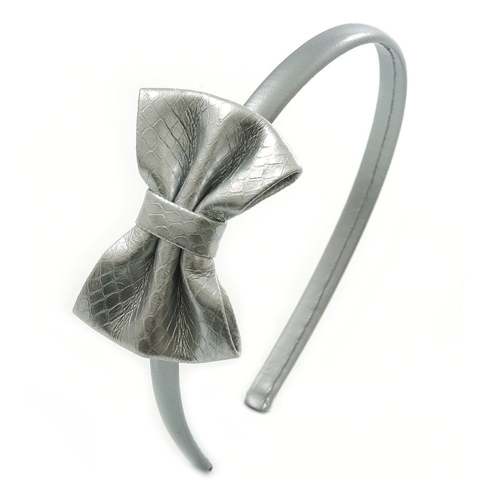 Thin Metallic Silver Faux Leather With Side Textured Bow Alice/Hair Band/HeadBand