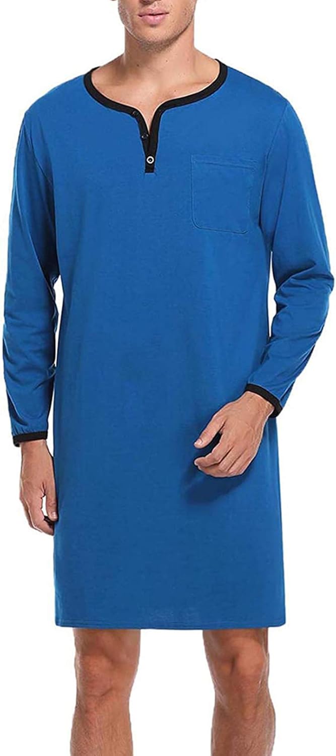 Buy Vohawsa Men's Nightwear Cotton Nightshirts Big&Tall V Neck