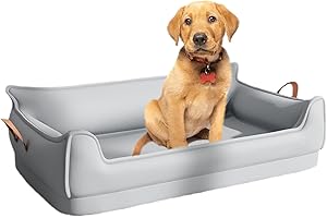 Leather Dog Bed Sofa, Orthopedic Dog Bed Small,U-Shaped Bolster Pet Couch with Removable Waterproof Cover,Non-Slip Bottom for