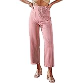 Sidefeel Women's Wide Leg Jeans High Waisted Straight Leg Jeans Buttoned Loose Stretchy Denim Pants with Pocket Peach Blossom Size 18 Long