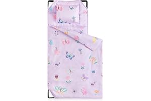 Wake In Cloud - Cot Nap Mat with Pillow and Blanket, for Toddler Kids Girls in Daycare Kindergarten Preschool Pre K with Elastic Corner Straps, Cute Butterfly Flowers, Purple