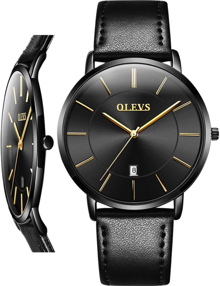 OLEVS Top Brand Men's Leather Watch,Fashion Classic Waterproof Thin Watches,Japanese Quartz Minimalist Casual Watch Man Simple Dress Wrist Watch with Date,Black/Brown/Yellow Leather