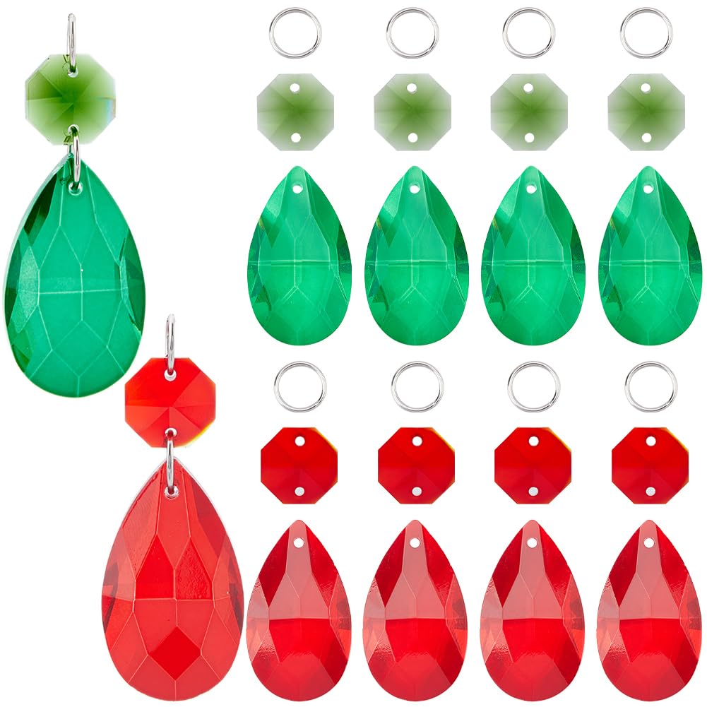 SOFPLATE 1 Box 12 Pack 38mm Teardrop Crystal Chandelier Prisms Crystal Prism Christmas Ornaments Red Green Glass Suncatcher Prism Pendant Octagon Links Jump Rings for Christmas Wedding Party Decor