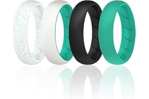 ROQ Silicone Rings for Women, Breathable Silicone Rings, Sets of 4 Bands, Unique Silicone Wedding Ring for Women, Medical Grade Silicone Rubber Band - Turquoise, Black, White Colors - Size 8