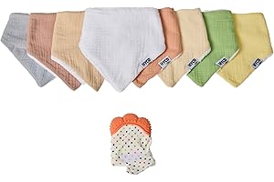 HYCO Baby 8-Pack Baby Bibs Bandana and Teether 100% Muslin Cotton Super Absorbent Burp Feeding for Baby Girls and Boys Drooli