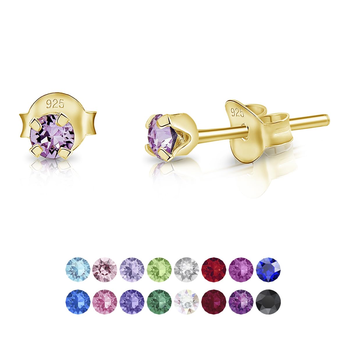 Small Solitaire Stud Earrings 925 Sterling Silver Gold Plated 24K - Tiny Gold Studs 3 mm - Minimalist Sparkle Stud Earrings with Violet Crystal