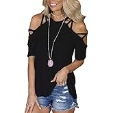 BILIKE JOMEX Off The Shoulder Tops for Women Sexy Short Sleeve Strappy Cold Shoulder T-Shirt