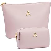 CLOUDWINGS Birthday Gifts for Women Initial Makeup Bag Set Personalized Girl Cosmetic Travel Toiletry Bag Gifts for Bridesmaid Friend Graduation Teachers(Pink,A)