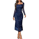 DRESSTELLS Women's Formal Wedding Guest Cocktail Party Sequin Sparkly Mesh Long Bodycon Dress