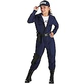 Fun Costumes Girls Tactical Cop Jumpsuit Costume | Kids Police Outfit with Logos, Hat, and Belt for Halloween & Dress Up - Blue, Large (12-14)