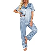 Ekouaer Silk Satin Pajamas Set Women Short Sleeve Sleepwear Soft Button Down Loungewear Pjs Set