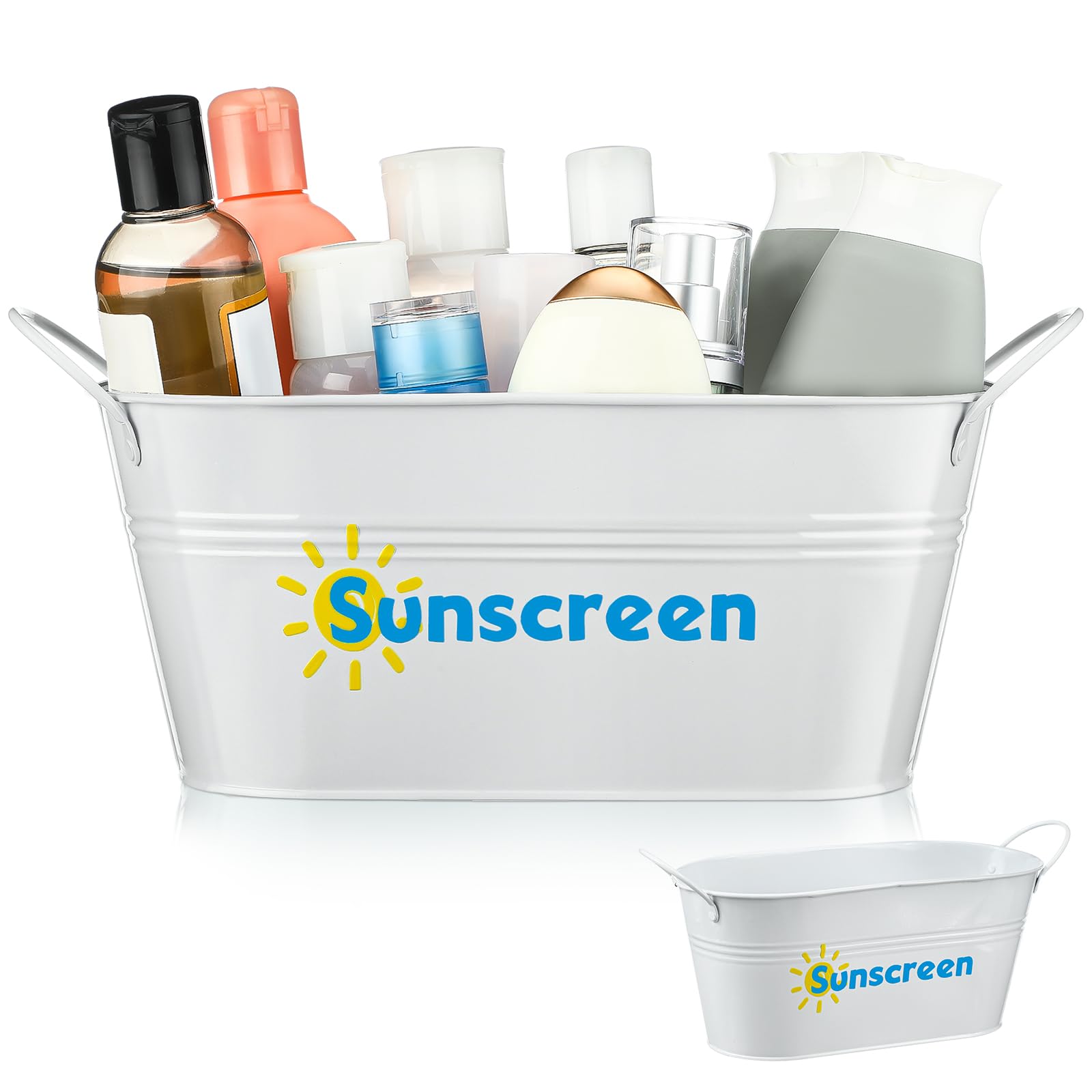 Photo 1 of Blulu Sunscreen Pool Storage Bucket Metal Poolside Basket Above Ground Pool Bin Summer Basket Outdoor Storage for Swimming Camping Beach Indoor Outdoor Sunscreen Sunblock Accessories(White)