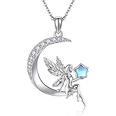 URONE Fairy Necklace 925 Sterling Silver Fairy Elf Moon Pendant Necklace Fairy Jewelry Gifts for Women