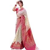 Women&rsquo;s Banarasi Silk Saree in Cream with Pink Zari Border &ndash; Elegant Traditional Saree with Blouse Piece