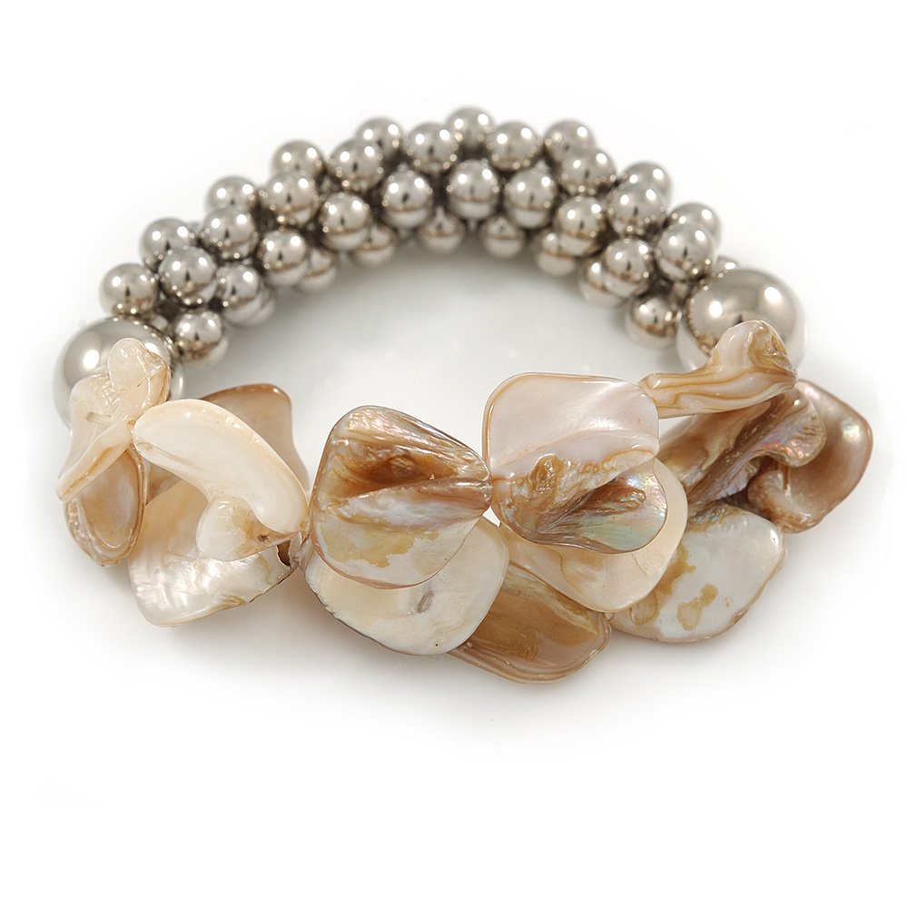 Avalaya Antique White Shell Mirrored Silver Acrylic Bead Flex Bracelet - 17cm L