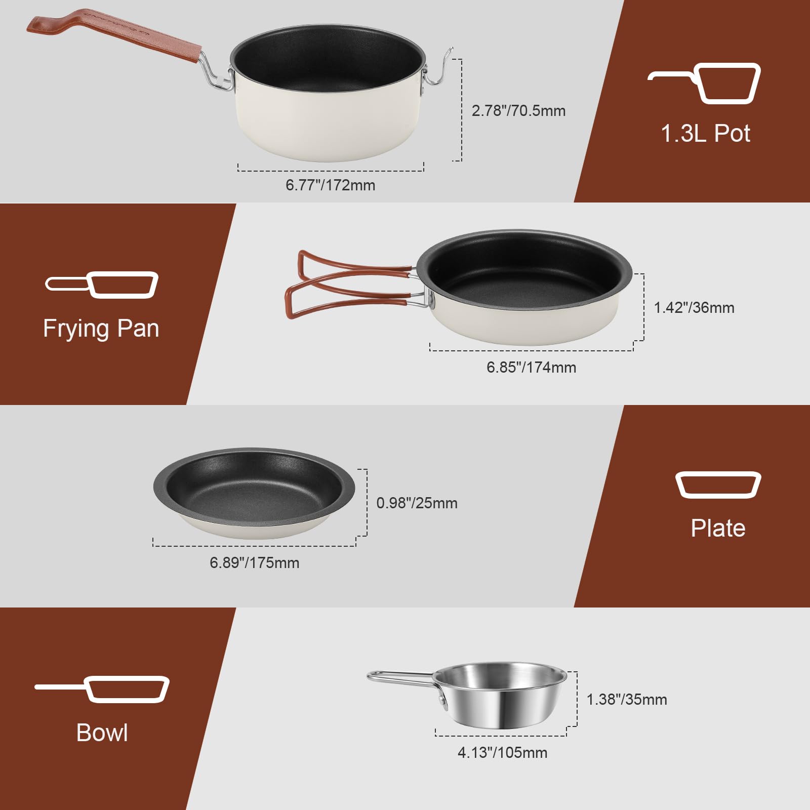 Odoland 10pcs Camping Geschirr Set mit klappbarem Campingkocher, keramisches Antihaft-Kochset mit Teller, Schüssel, Gabel, Messer, Löffel für Camping, Rucksacktourismus, Wandern und Picknicks 5