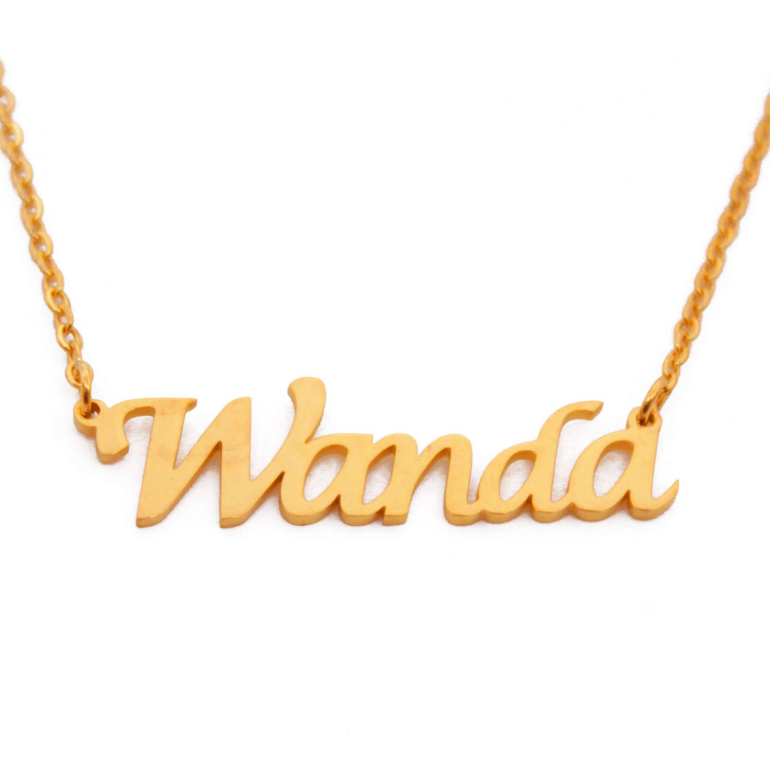 Kigu Wanda Name Necklace Personalised 18ct Gold Plated, Custom Dainty Name Pendants, Jewellery for Ladies, Girlfriend, Mother, Sister, Friends Inc Bag & Box