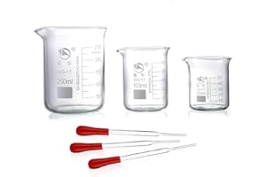 Young4us Glass Beakers, Pack of 6 Low Form Measuring & Droppers Set, 3 Graduated Griffin Beakers in 3 Sizes with Scales, 250ml, 100ml, 50ml, 3 Glass Droppers Without Scales (3ml per Drop)