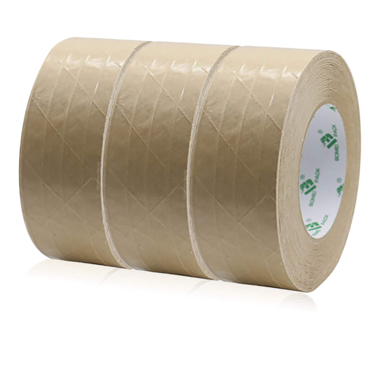 BOMEI PACK 3 Rolls Strong Brown Paper Packaging Tape,Recyclable Reinforced Kraft Paper Tape Self Adhesive Paper Gummed,48mm x 50m for Heavy Duty Moving Box Sealing