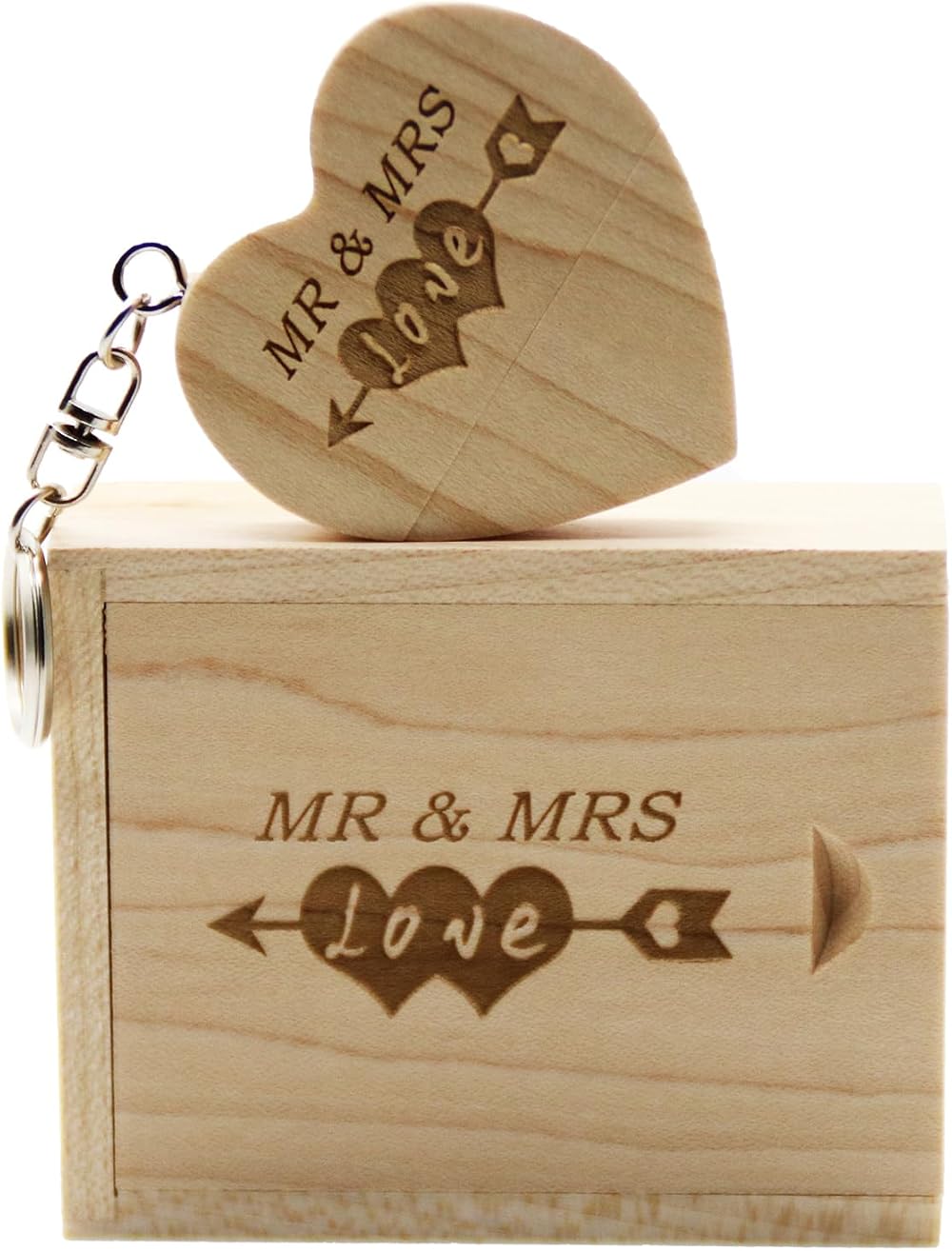 LXSINO 64GB Wood USB Flash Drive Heart Maple Mr & Mrs Engraved Gift Box