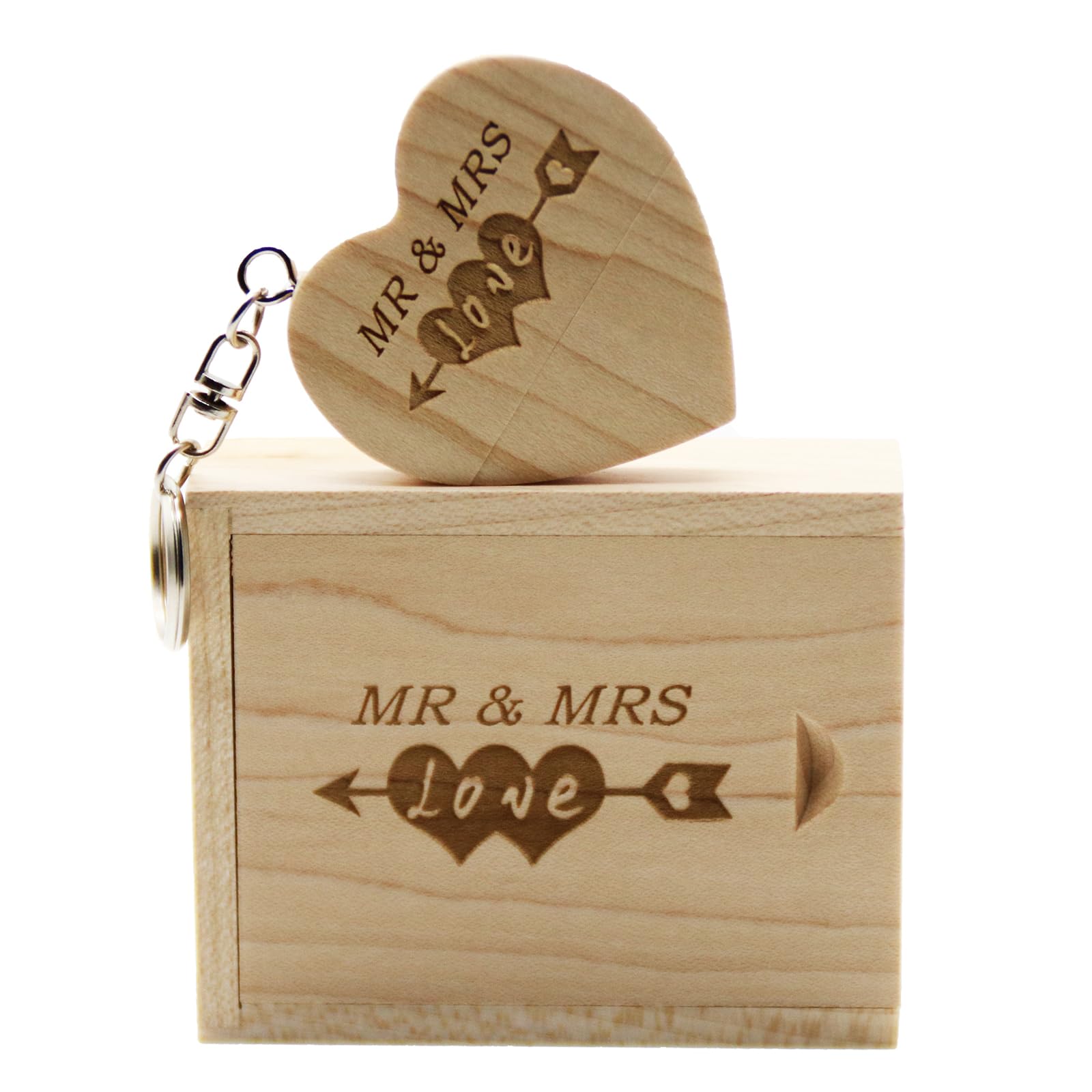 LXSINO Wood USB Flash Drive with Laser Engraved Mr & Mrs Design – 64GB Wooden Heart Shape USB Flash Drive USB Memory Stick Thumb Drivers with Matching Box for Novelty Gift(Maple 64g)