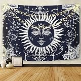 BLEUM CADE Psychedelic Moon and Sun Tapestry Wall Hanging Dark Blue White Celestial Tapestry Indian Hippy Bohemian Mandala Tapestry for Bedroom Living Room Dorm