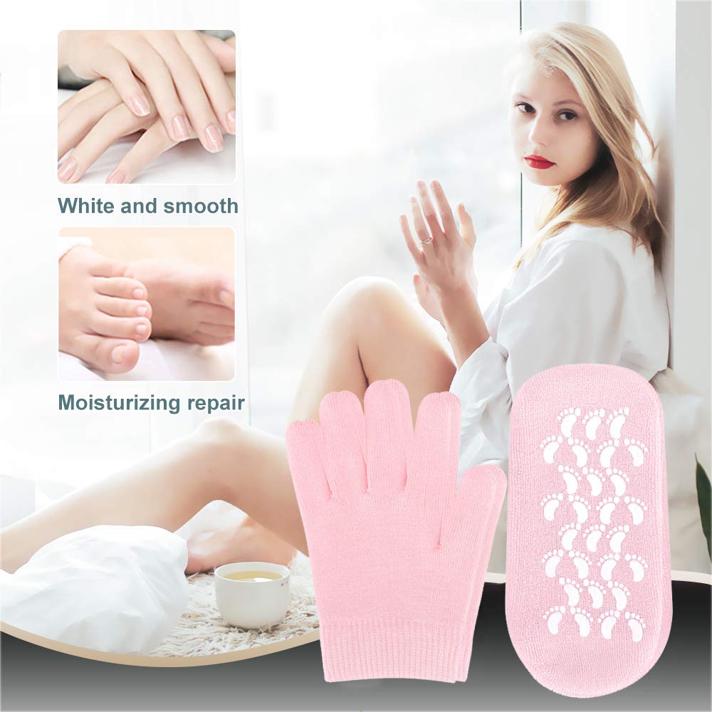 Moisturizing Socks and Gloves Set Soft Cotton with Thermoplastic Gel Repair and Heal Eczema Cracked Dry Skin, Gel Lining Infused with Essential Oils and Vitamins, Large Size for Women and Men -Pink : Beauty