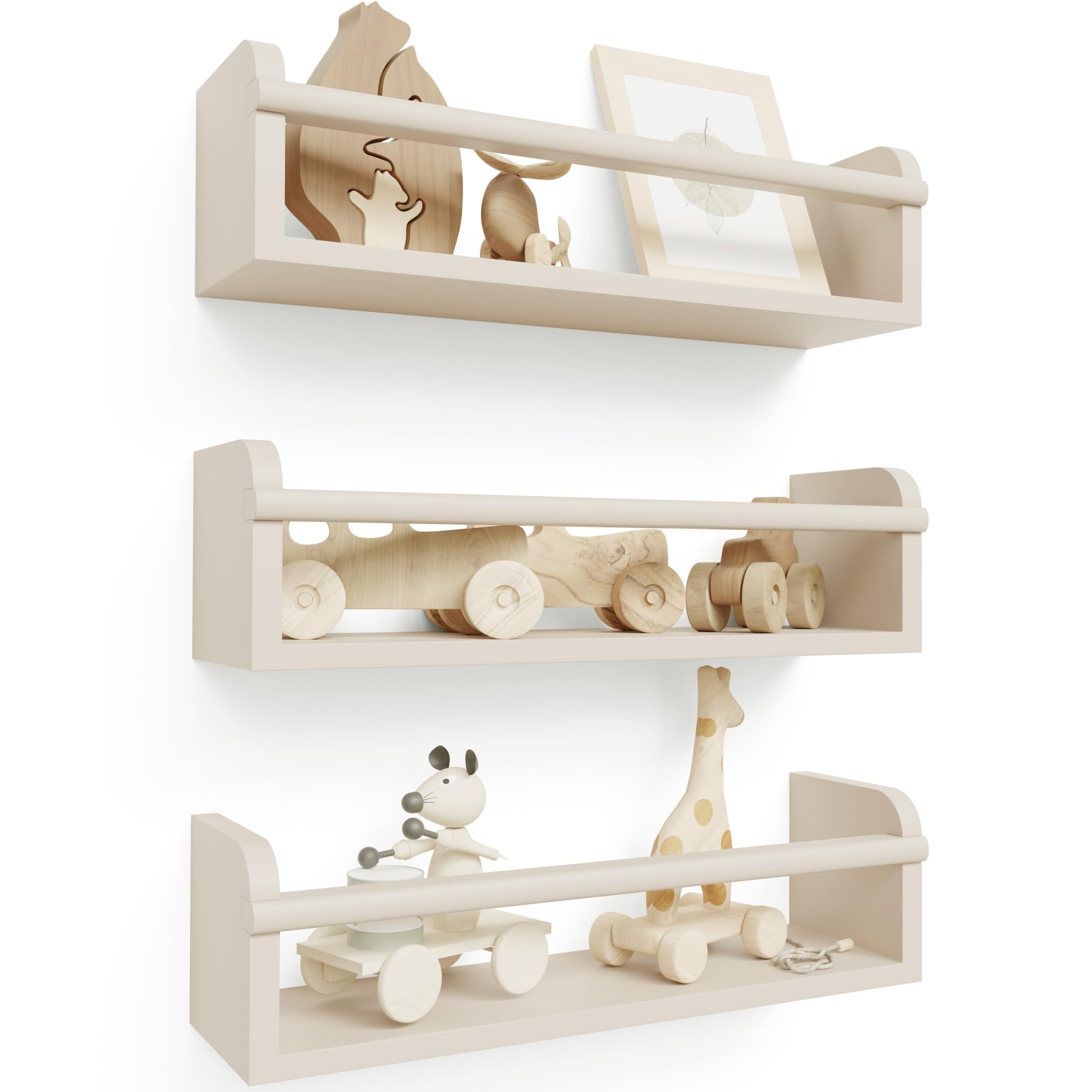 Photo 1 of Decorative Nursery Bookshelves for Kids - Set of 3 Easy to Install Floating Shelves for Wall Mount - Beautiful Hanging Organizer Furniture for Your Baby Boy or Girl's Bedroom and Play Room Decor