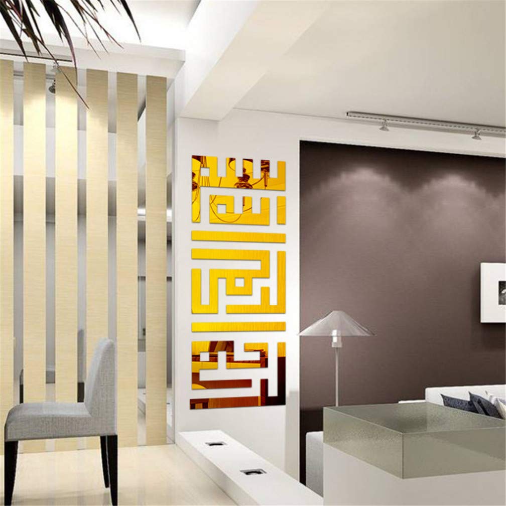 Muslim Islamic Posters 3D Acrylic Mirror, Mirror Plastic Mirror Self Adhesive Tiles Mirror Wall Stickers,Background Decor Decals for Home Decor Kids Baby Nursery Bedroom Living Room Bathroom (Gold)
