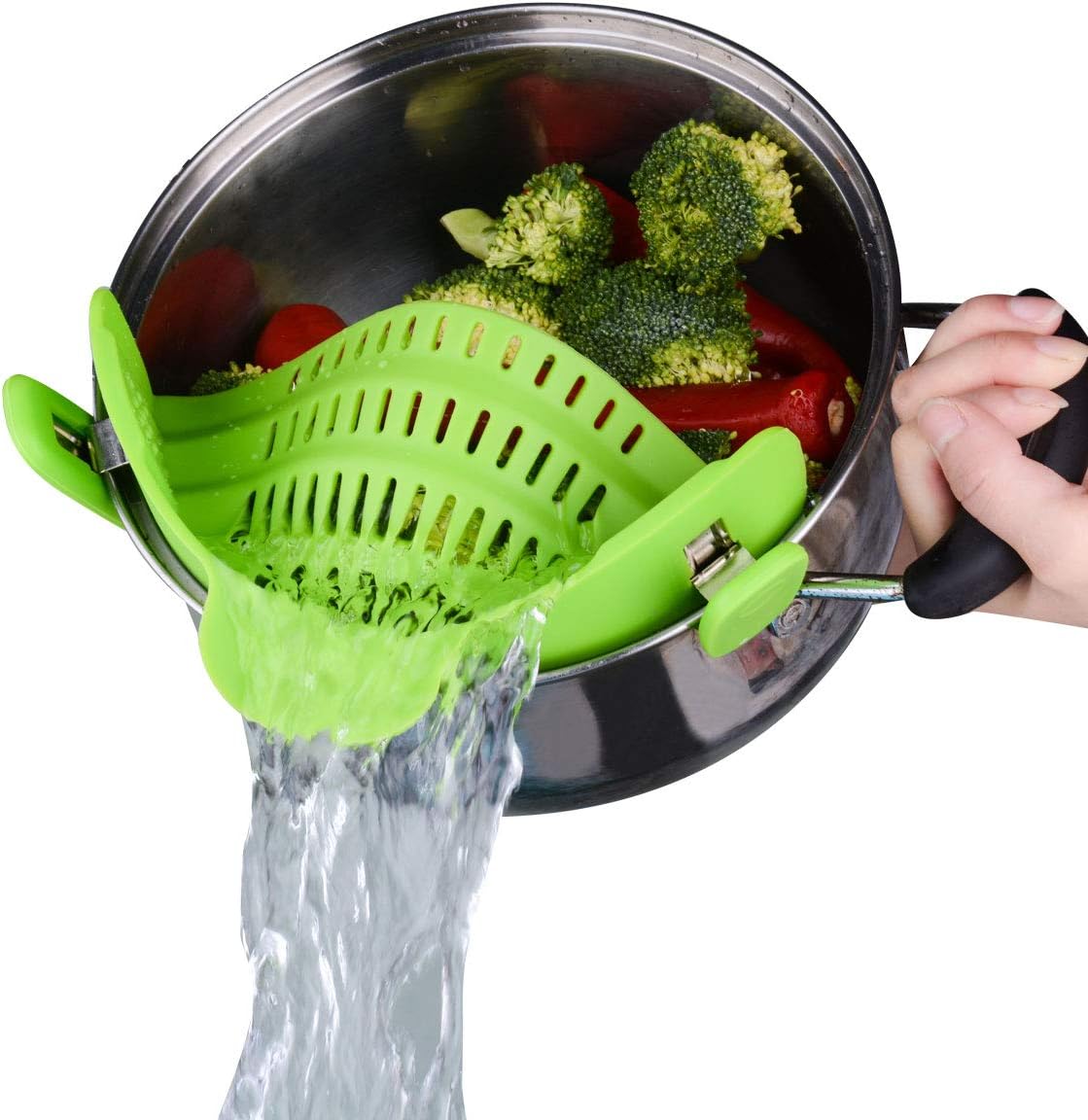 Kitchen Food Strainer, Ecurfu Silicone Snaps Strain Clip On Colander, Fits all Pots and Bowls - Green