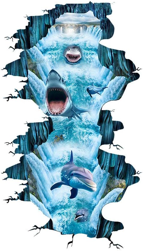 Vacally 3D Ocean Sharks Removable Floor Wall Sticker Home Decoration Living Room Bedroom Hotel Shop Corridor Easy to Stick 50x88cm