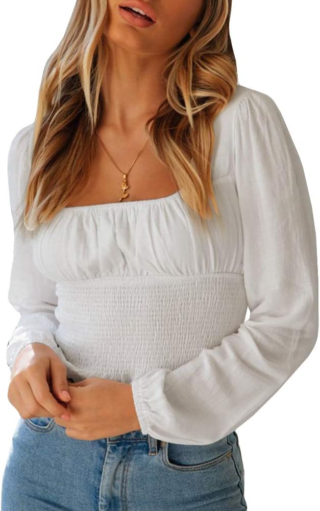 Saikesigirl Womens Smocked Top Long Sleeve Plain Chiffon Square Neck Crop Blouses